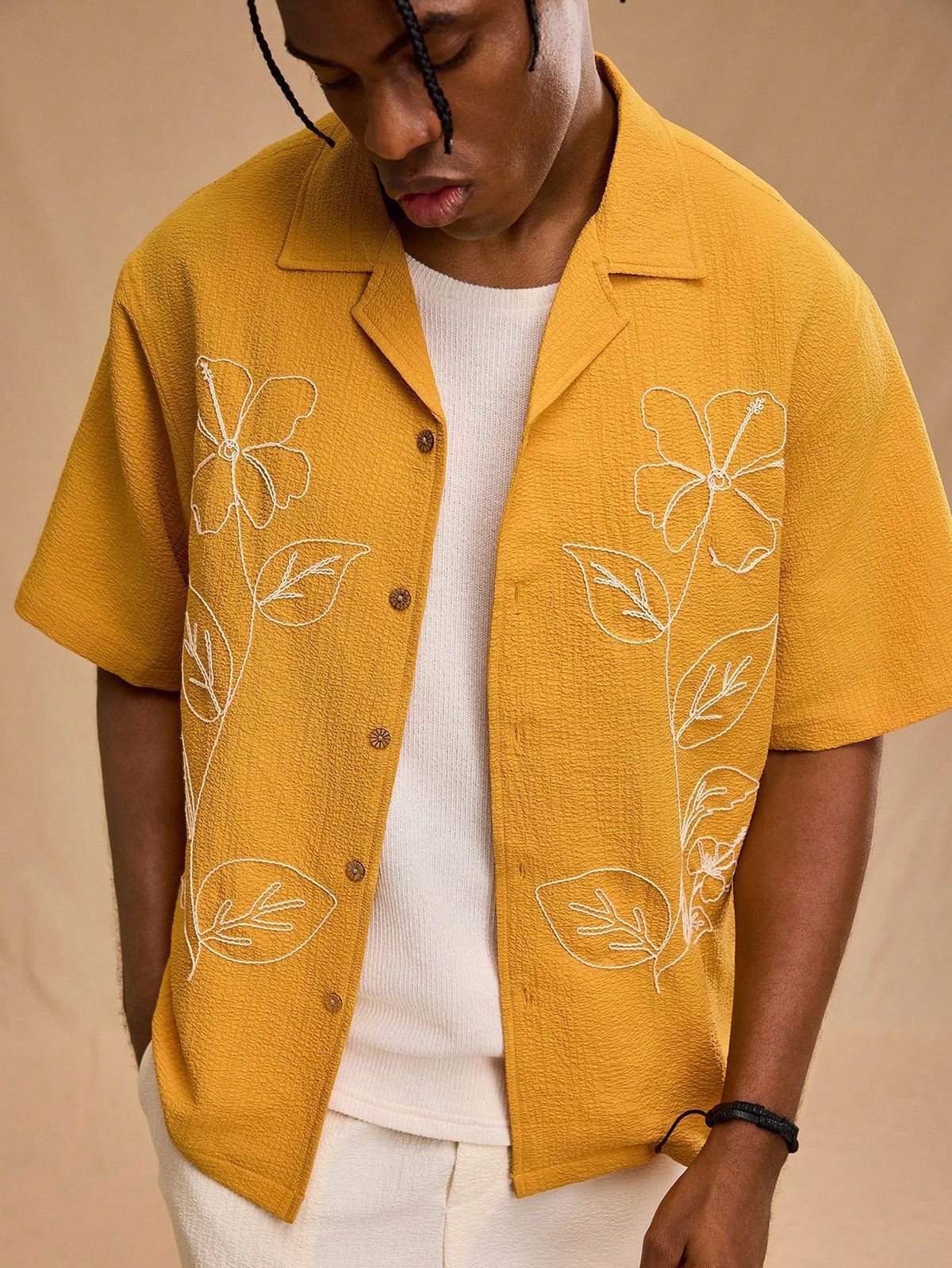 Men's Casual Cotton Shirt – Mustard Yellow Short Sleeve with Floral Embroidery