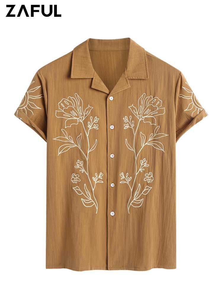 Men's Chocolate Brown Cotton Casual Shirt – White Floral Embroidered Design"