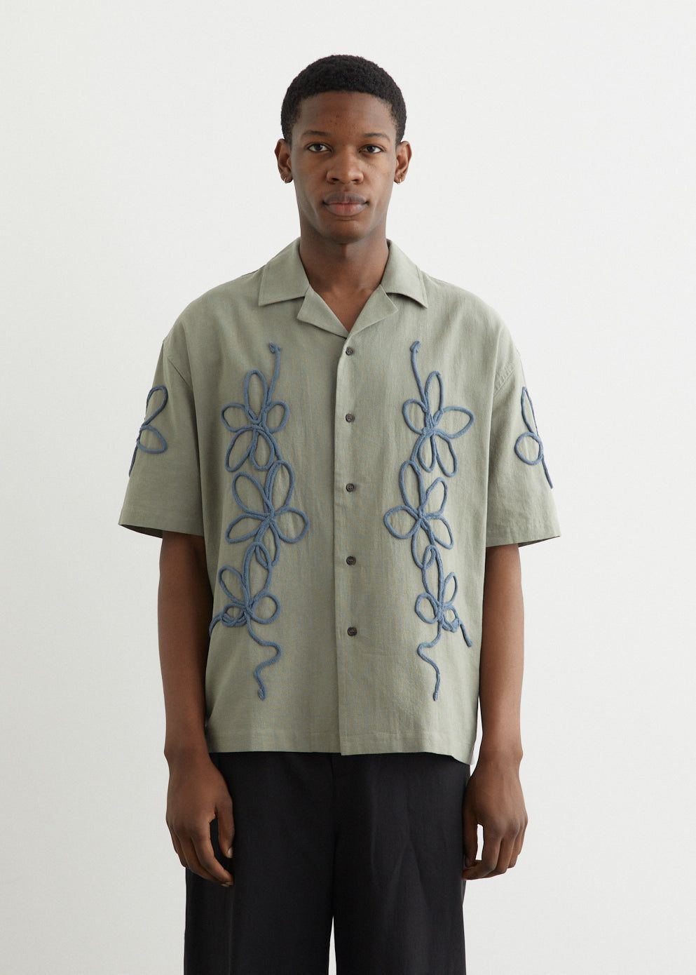 Men's Casual Cotton Shirt – Sage Green Short Sleeve with Bold Blue Floral Rope Embroidery