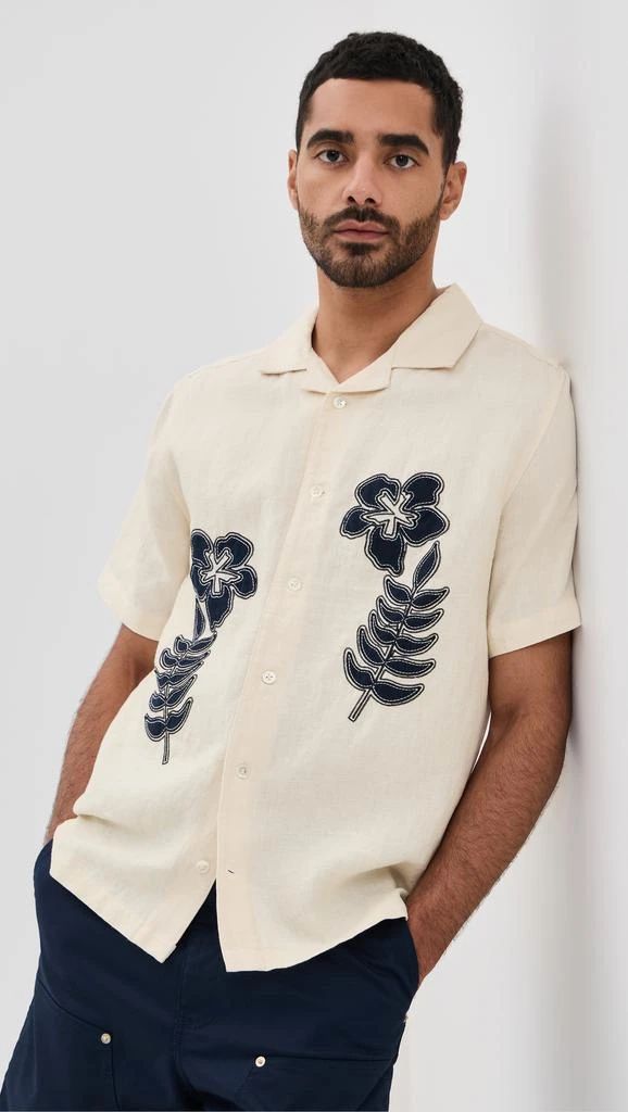 Men's Casual Cotton Shirt – Cream Short Sleeve with Bold Navy Floral Embroidery