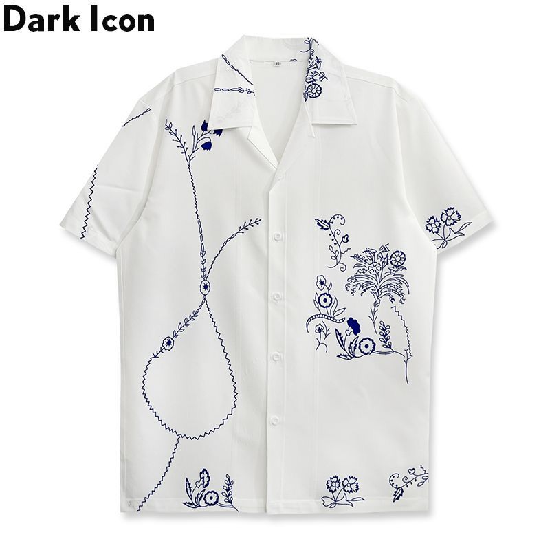 Men's Casual Cotton Shirt – White Short Sleeve with Abstract Navy Botanical Embroidery