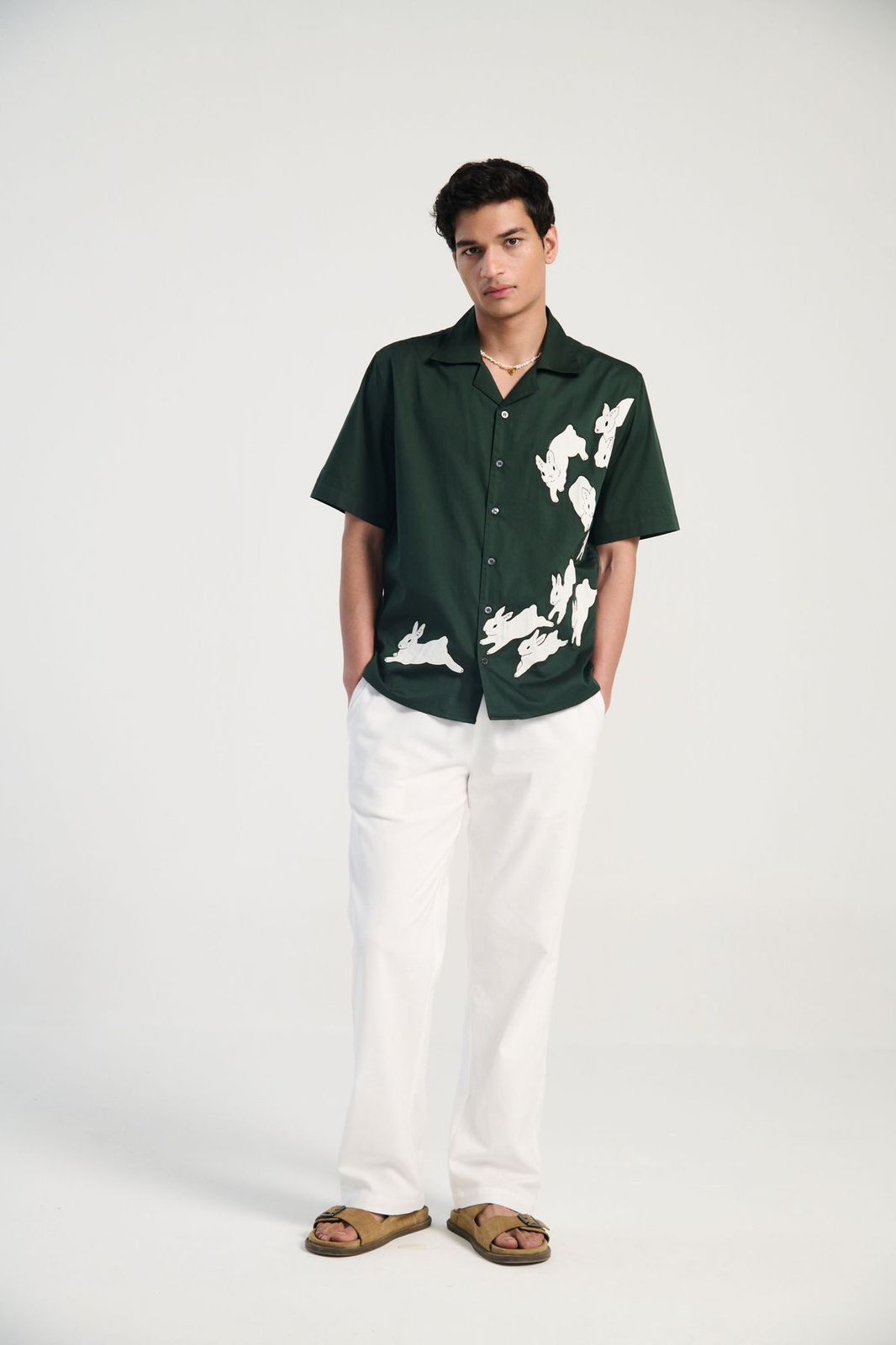 Men's Casual Cotton Shirt with Bunny Print – Dark Green Short Sleeve