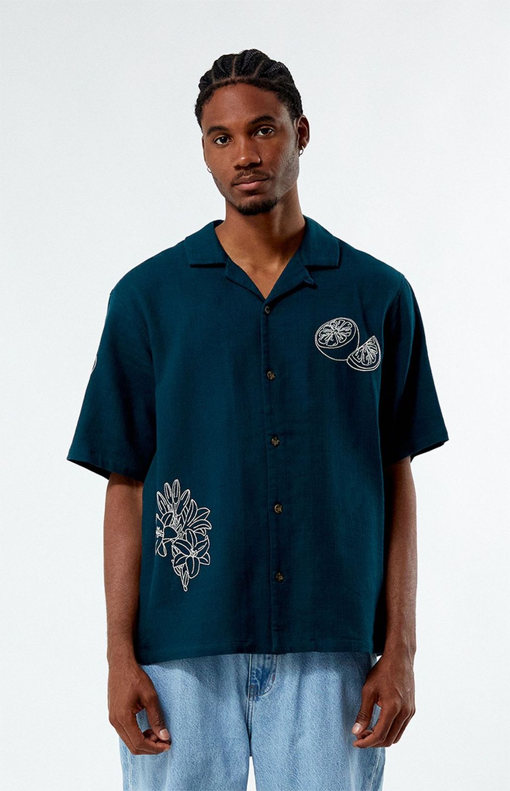 Men's Casual Wear Cotton Shirt with Floral and Citrus Embroidery – Navy Blue Short Sleeve