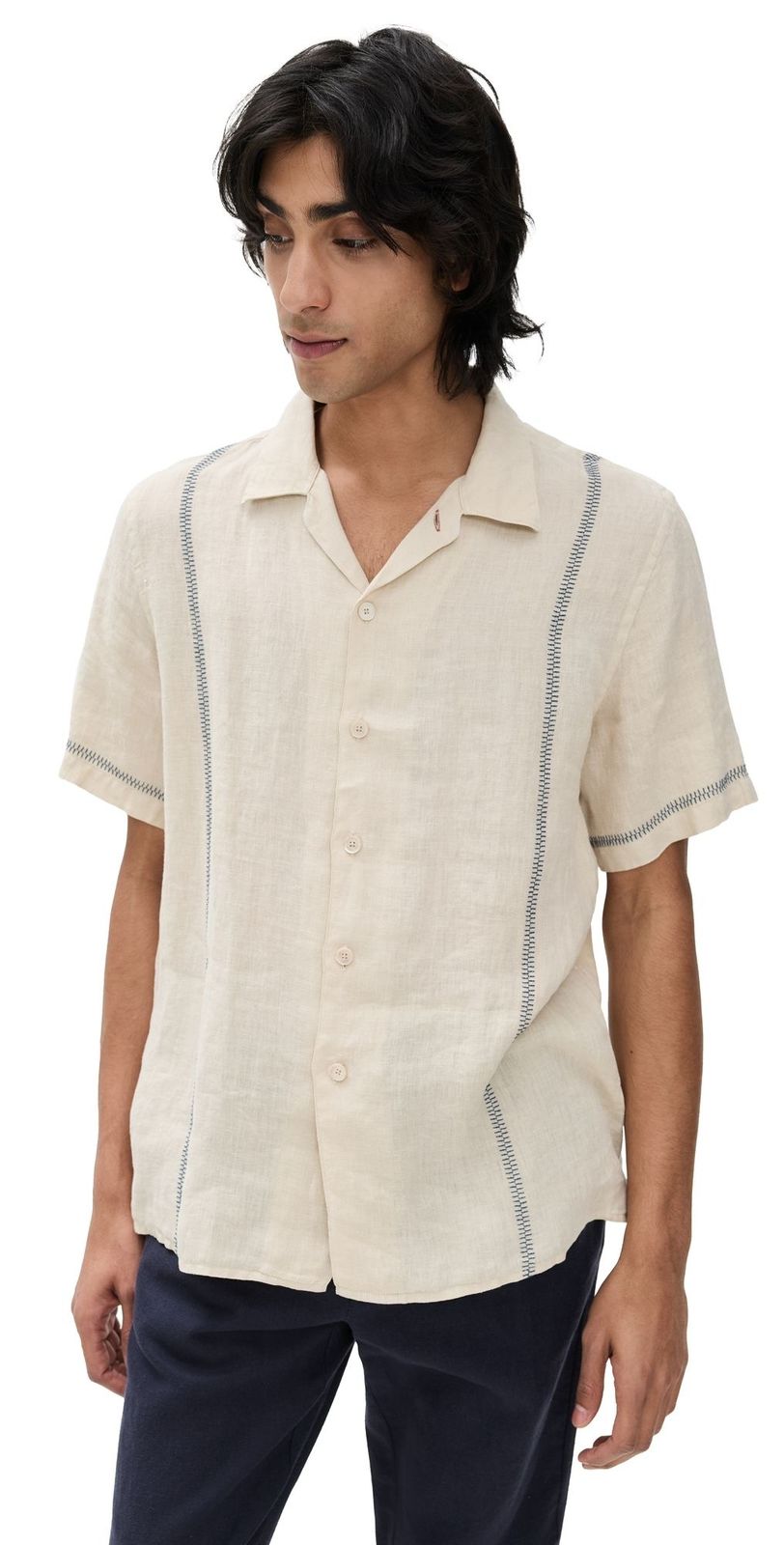 Men's Casual Cotton Shirt – Beige Short Sleeve with Subtle Stitch Detailing
