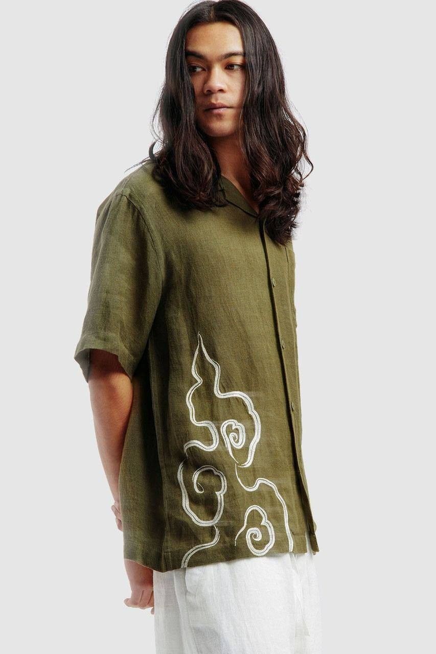 Men's Casual Cotton Shirt – Olive Green Short Sleeve with Abstract White Embroidery