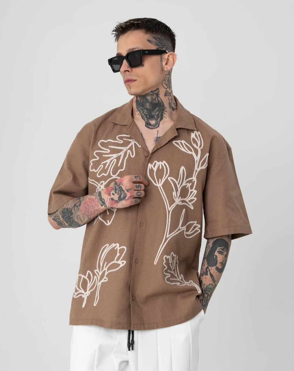 Men's Casual Cotton Shirt – Brown Short Sleeve with White Botanical Embroidery