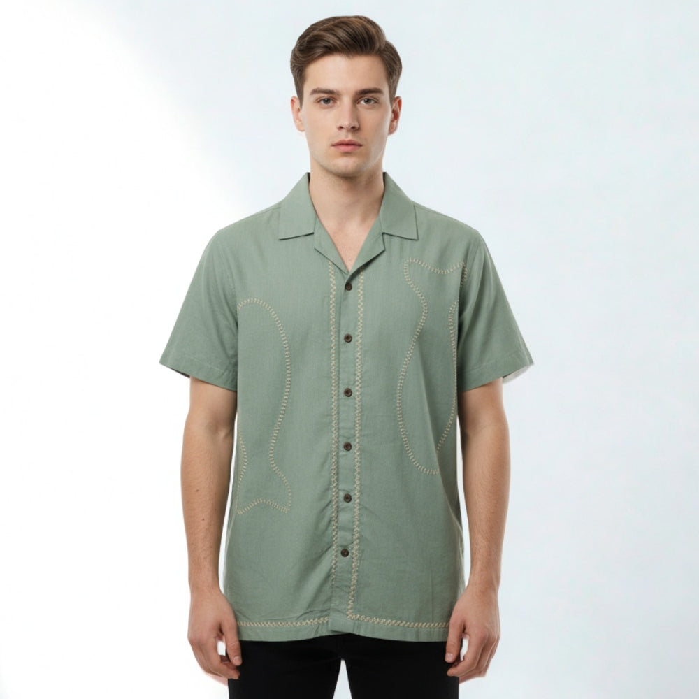 Men’s Sage Green Cotton Embroidered Shirt
