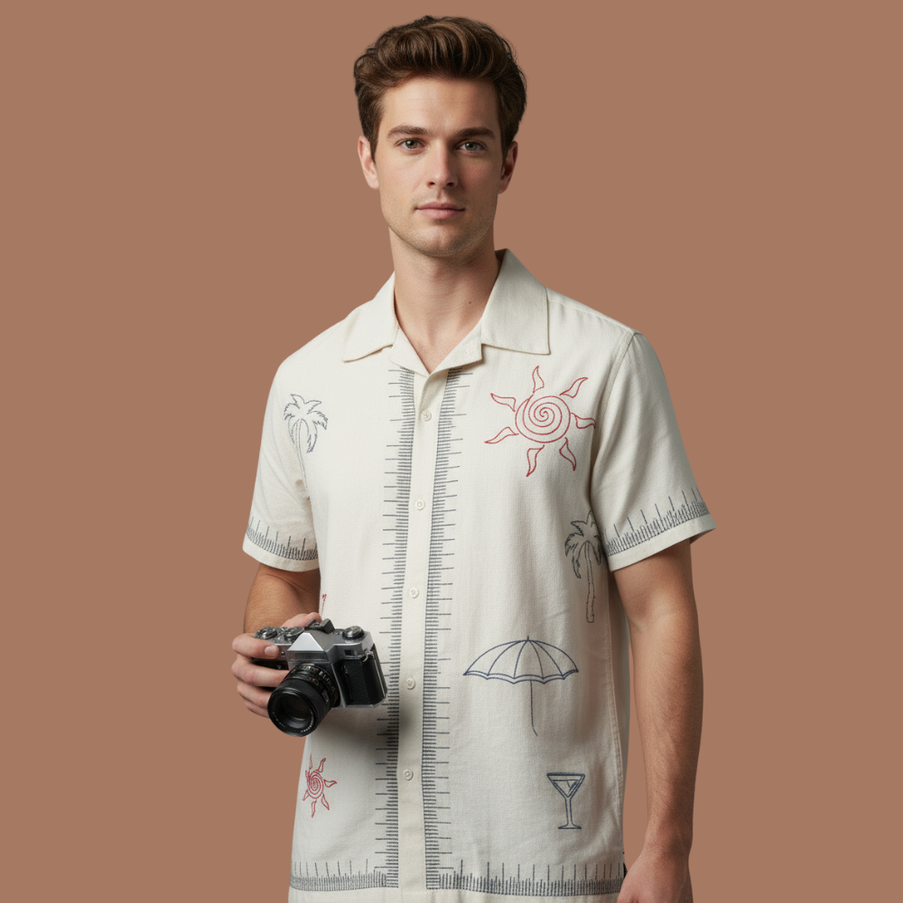 Men’s Ivory Cotton Embroidered Resort Shirt