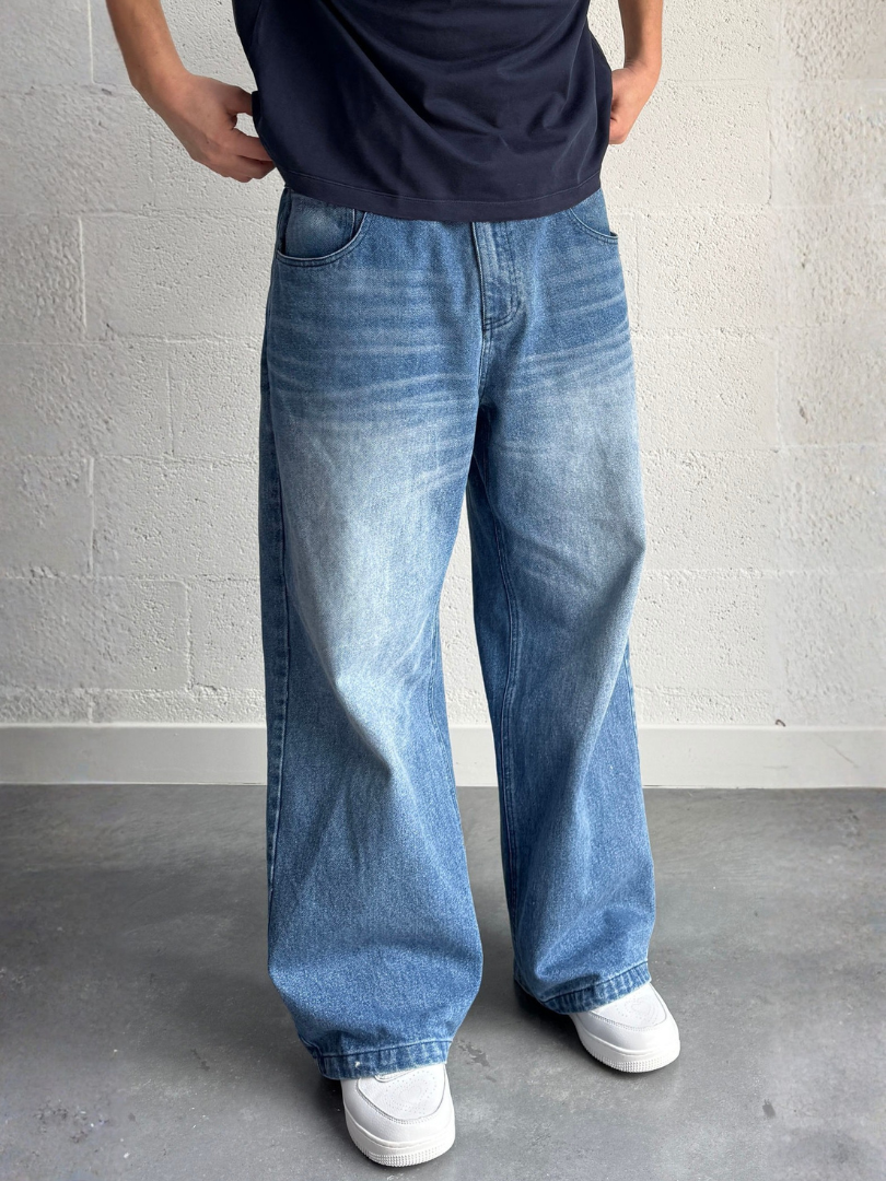 Bwolves Men’s Baggy Wide-Leg Vintage Wash Denim Jeans