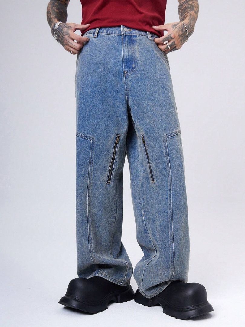 Bwolves Men’s Tech-Zip Baggy Cargo Denim – Multi-Zip Wide Fit Jeans