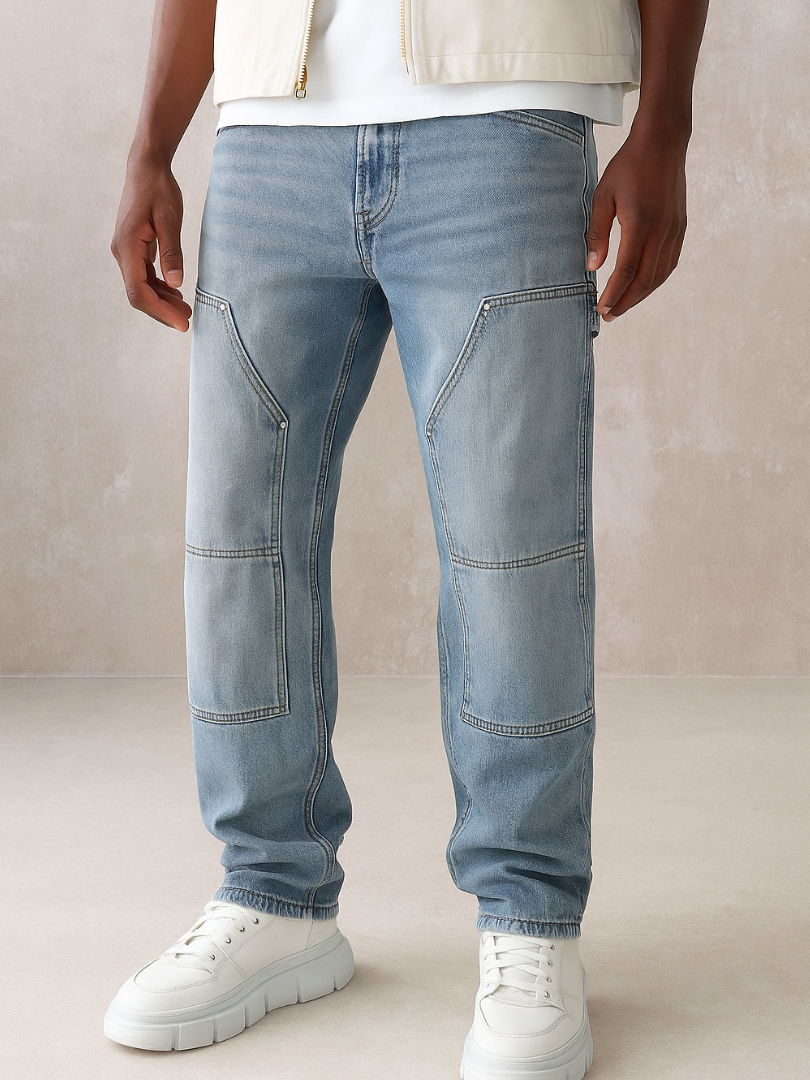 Bwolves Men’s Baggy Multi-Panel Carpenter Jeans – Light Wash Utility Fit