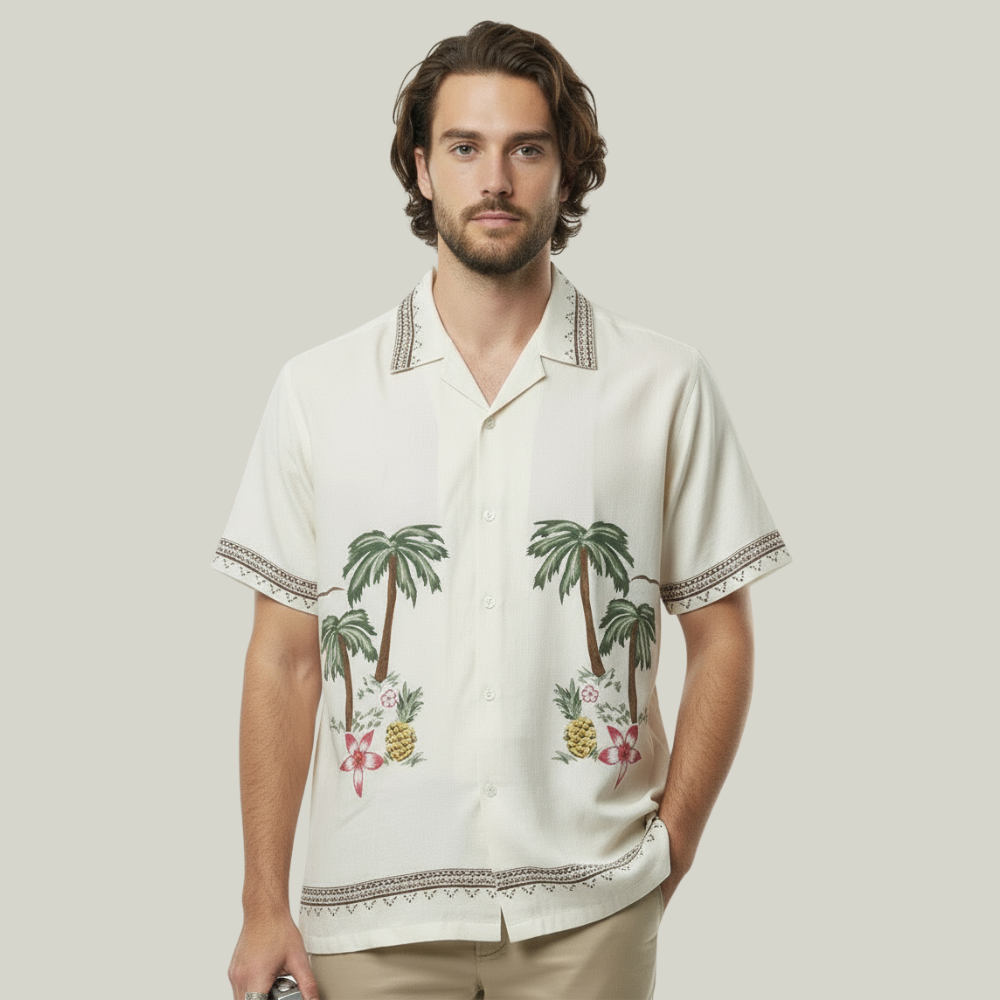 Men’s Tropical Embroidered Cotton Shirt – Ivory