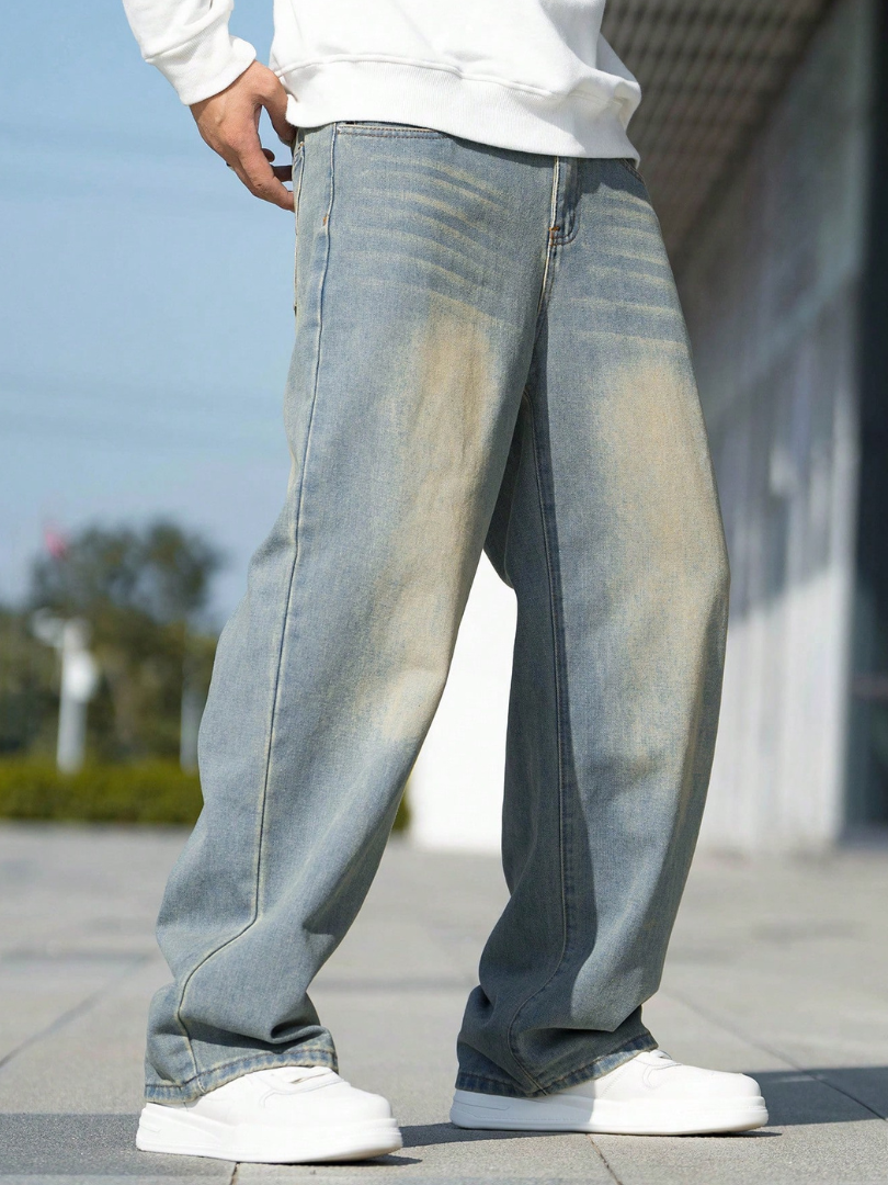 Bwolves Men’s Washed Baggy Jeans – Vintage Fade Wide Leg Denim