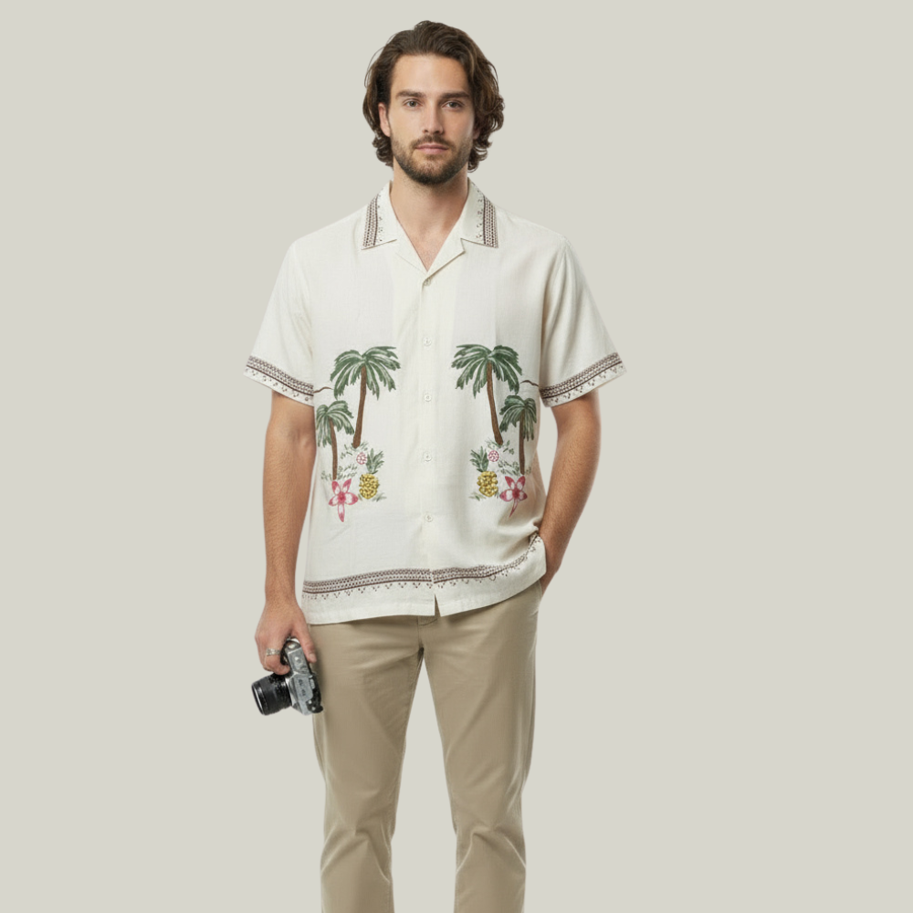 Men’s Tropical Embroidered Cotton Shirt – Ivory
