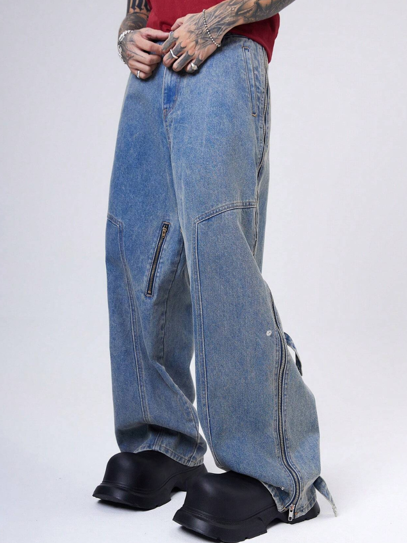 Bwolves Men’s Tech-Zip Baggy Cargo Denim – Multi-Zip Wide Fit Jeans