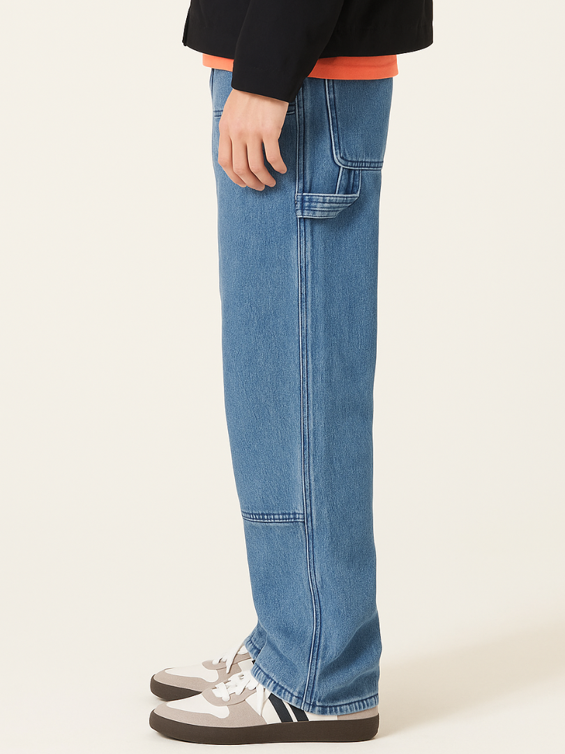 Bwolves Men’s Baggy Carpenter Denim Jeans — Utility Pocket, Straight Wide Fit