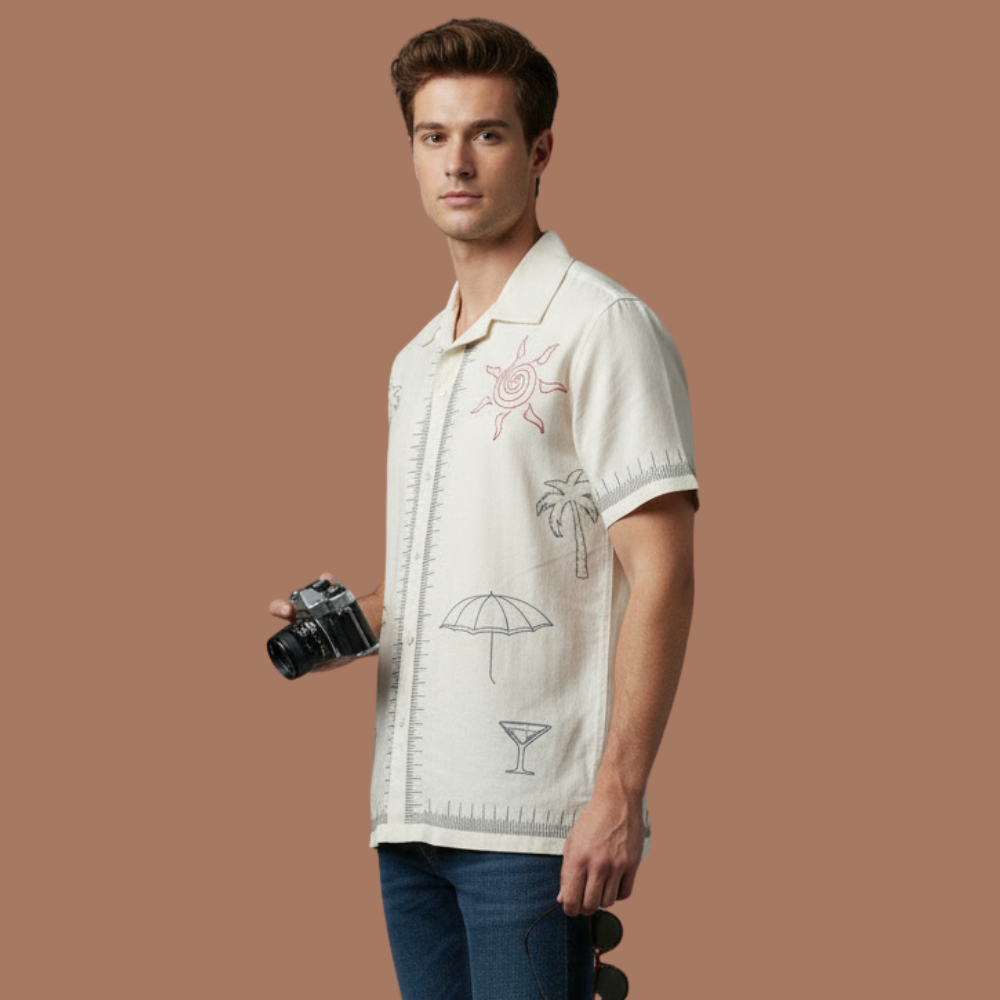 Men’s Ivory Cotton Embroidered Resort Shirt