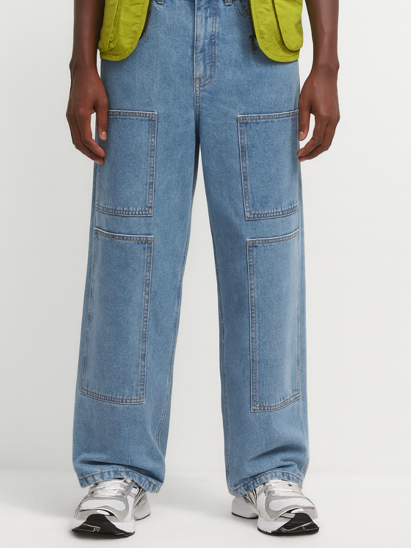 Bwolves Men’s Oversized Multi-Panel Cargo Jeans – Wide Leg Street Fit