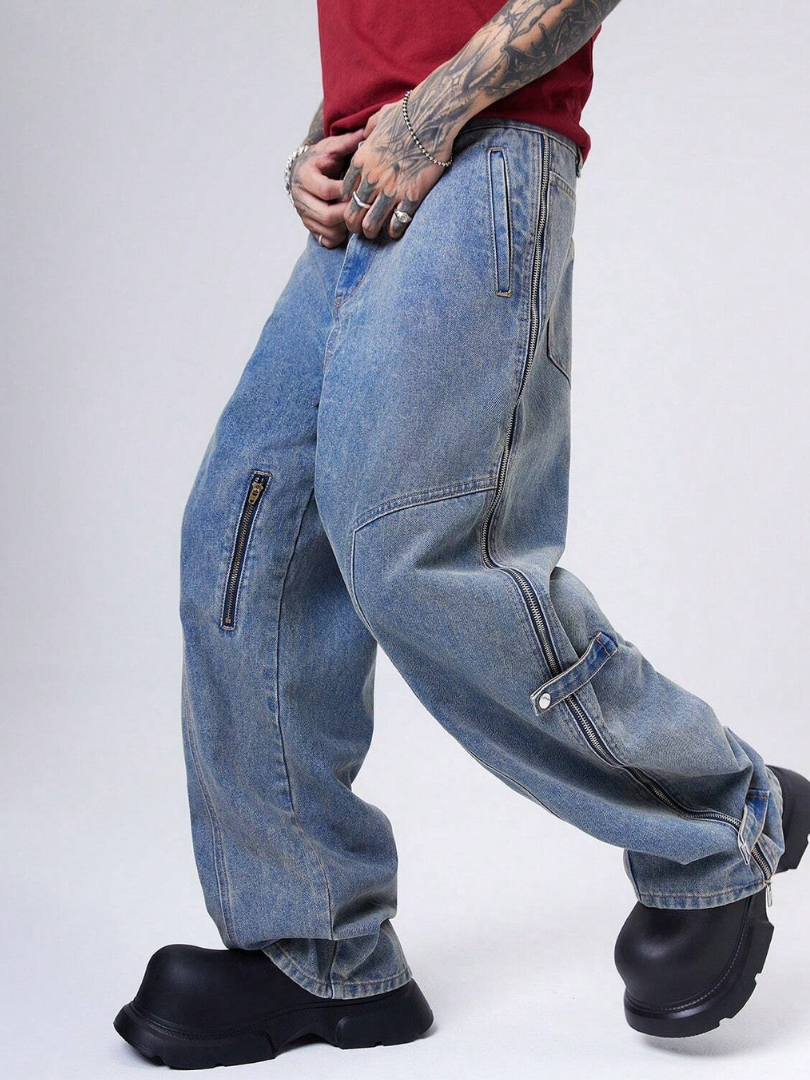 Bwolves Men’s Tech-Zip Baggy Cargo Denim – Multi-Zip Wide Fit Jeans