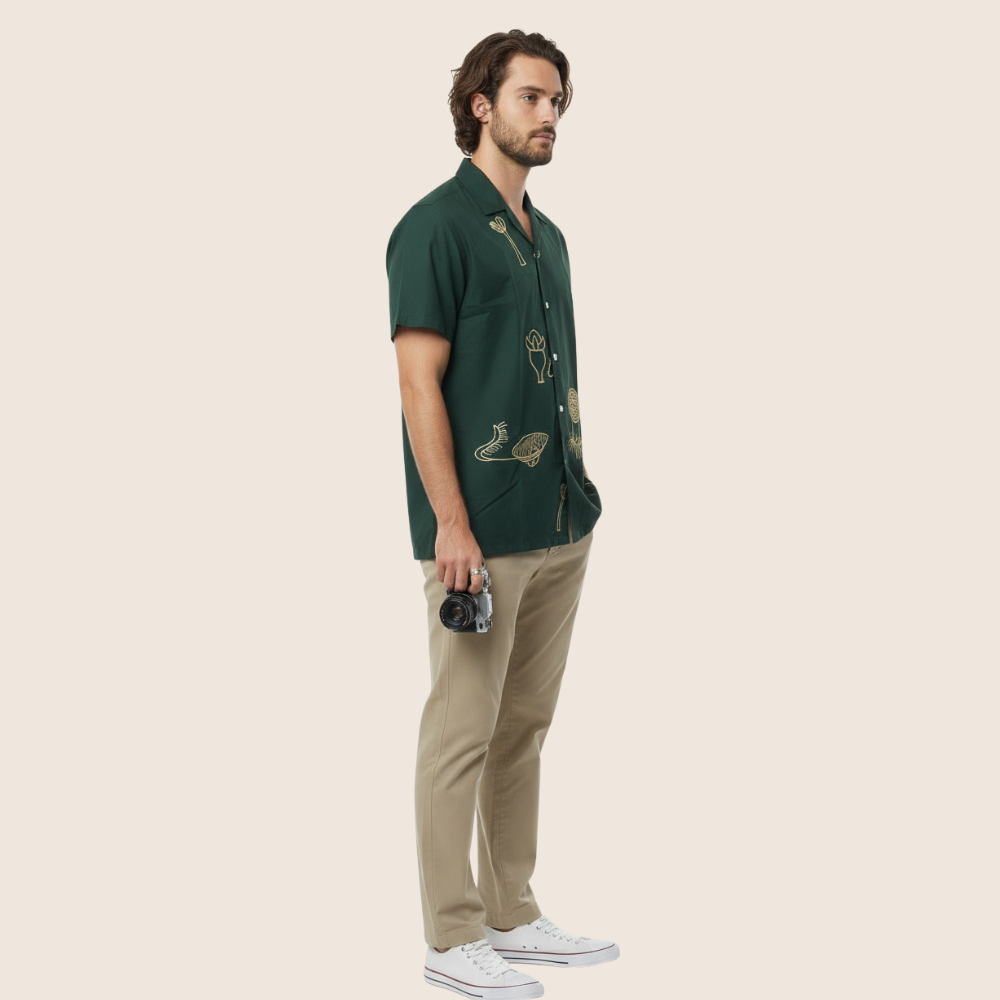 Men’s Embroidered Cotton Shirt – Dark Green