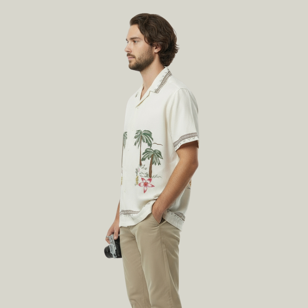 Men’s Tropical Embroidered Cotton Shirt – Ivory