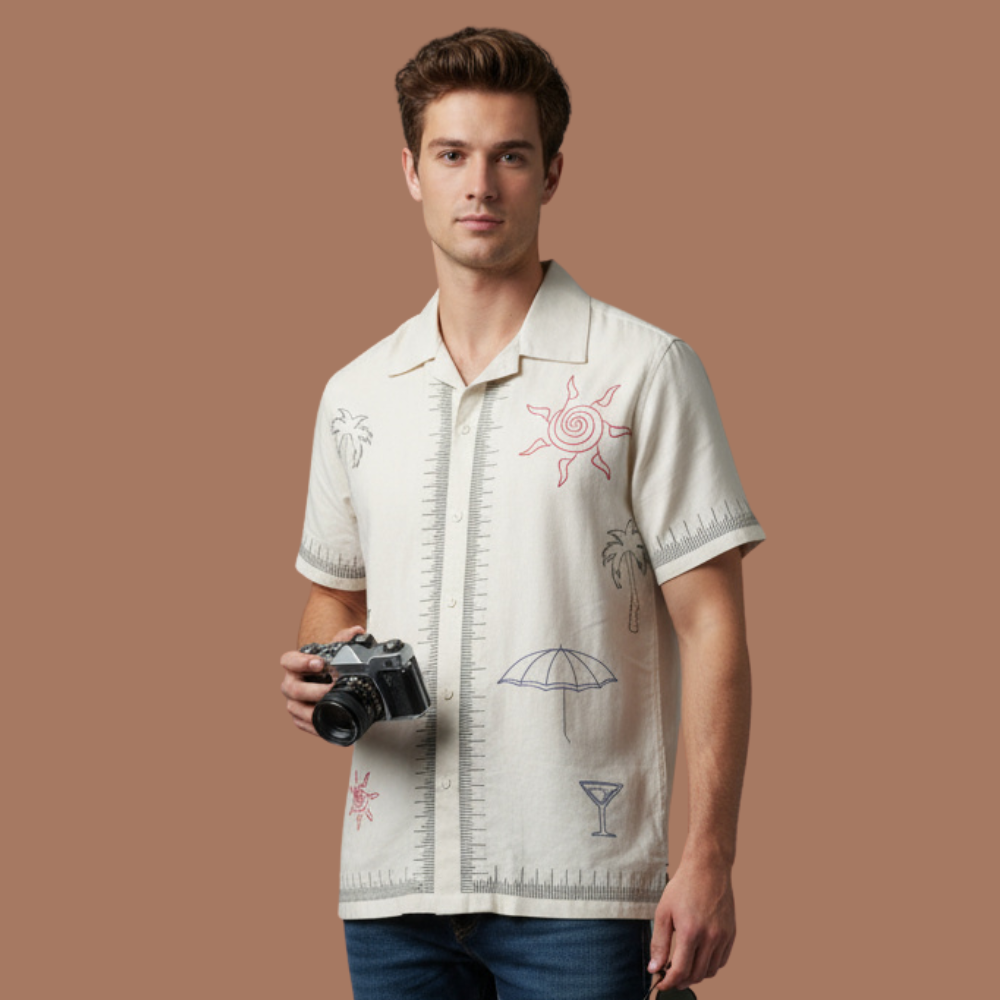 Men’s Ivory Cotton Embroidered Resort Shirt