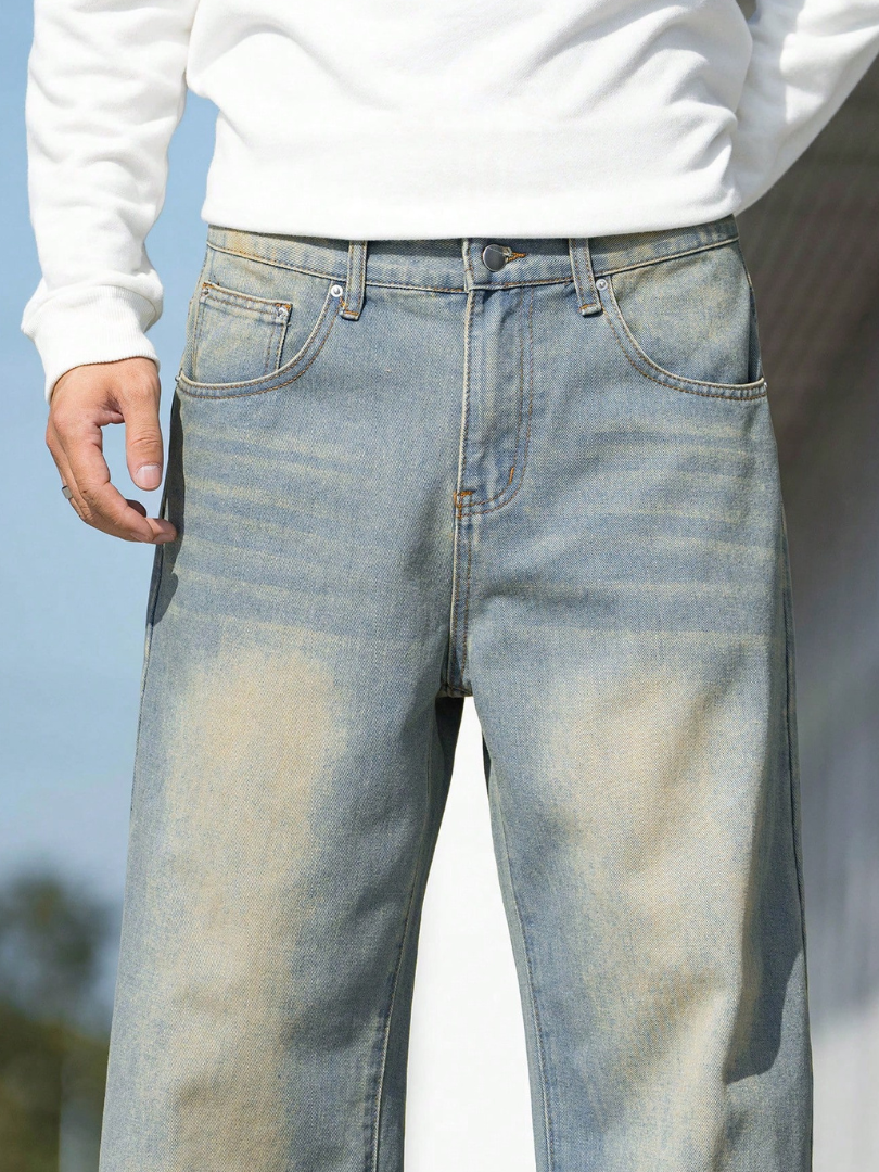 Bwolves Men’s Washed Baggy Jeans – Vintage Fade Wide Leg Denim