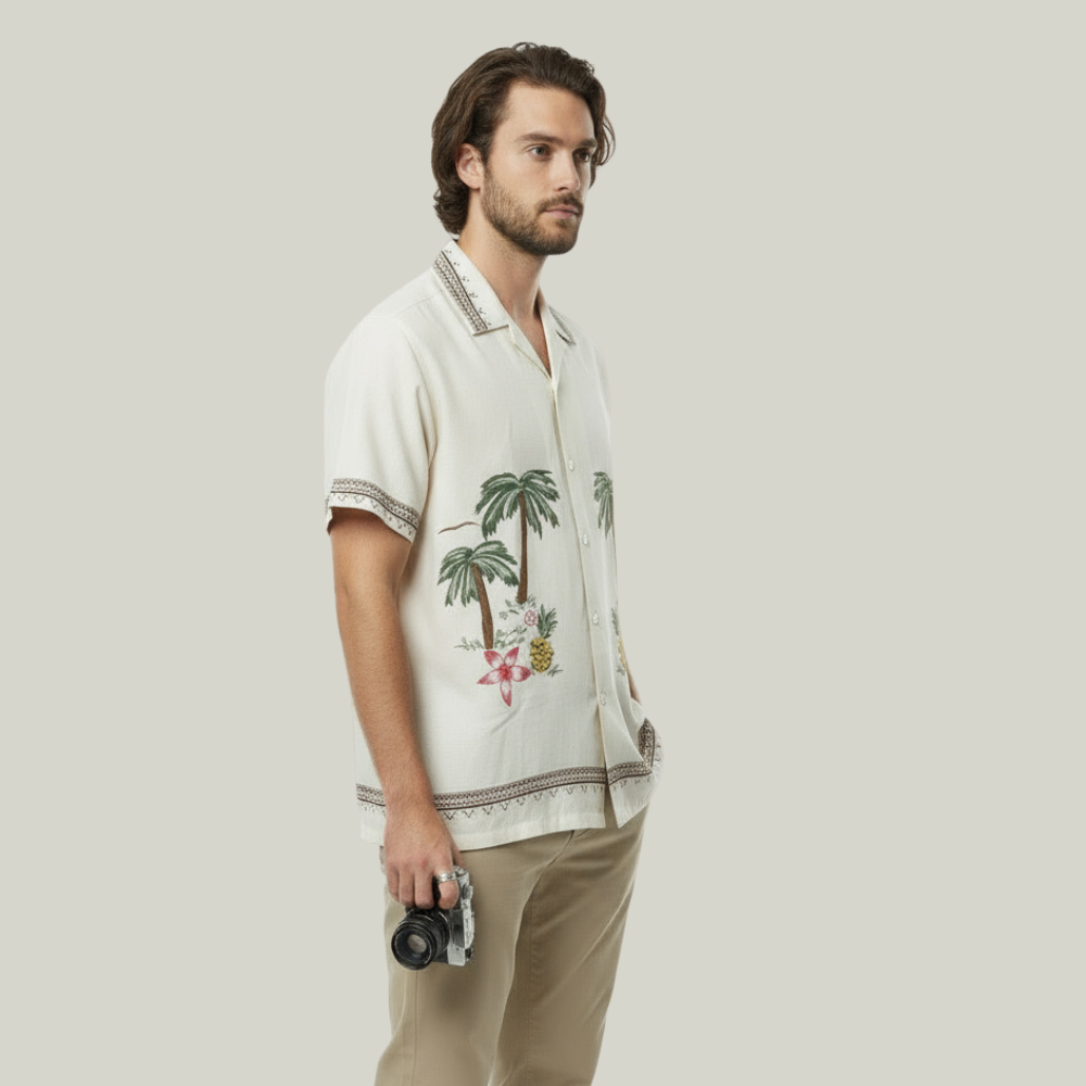 Men’s Tropical Embroidered Cotton Shirt – Ivory