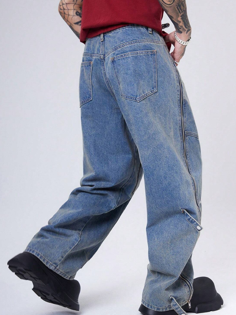 Bwolves Men’s Tech-Zip Baggy Cargo Denim – Multi-Zip Wide Fit Jeans