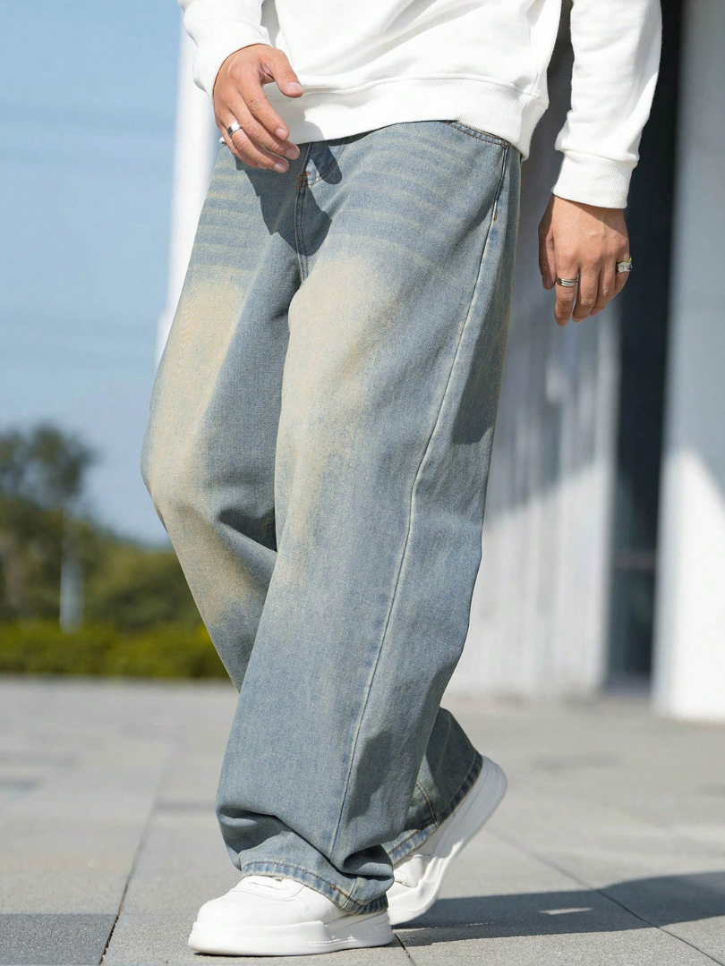 Bwolves Men’s Washed Baggy Jeans – Vintage Fade Wide Leg Denim