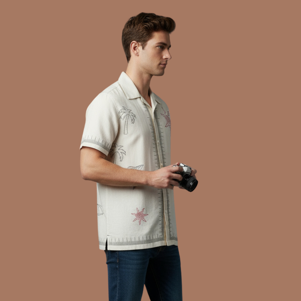 Men’s Ivory Cotton Embroidered Resort Shirt
