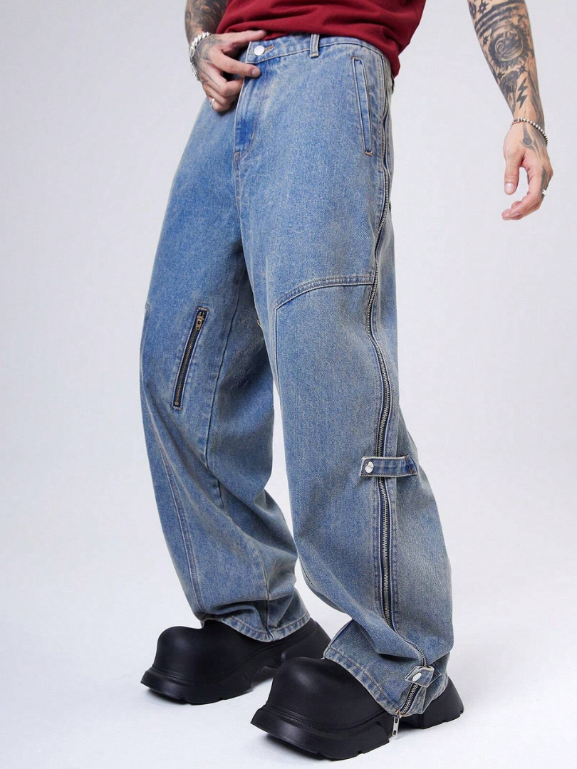 Bwolves Men’s Tech-Zip Baggy Cargo Denim – Multi-Zip Wide Fit Jeans