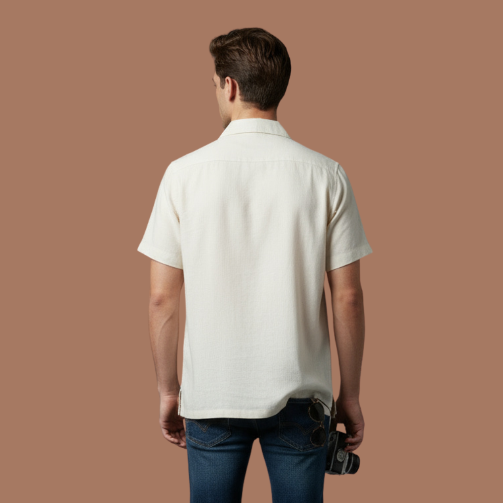 Men’s Ivory Cotton Embroidered Resort Shirt
