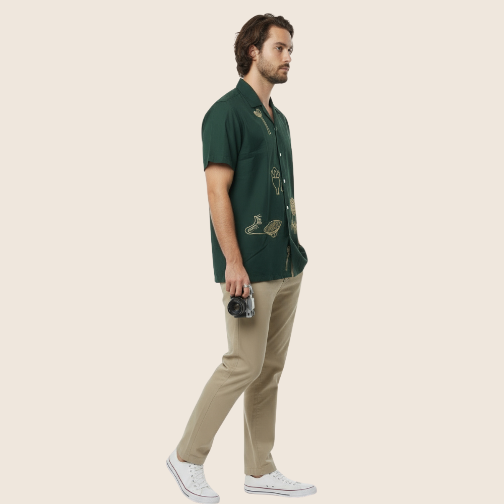 Men’s Embroidered Cotton Shirt – Dark Green