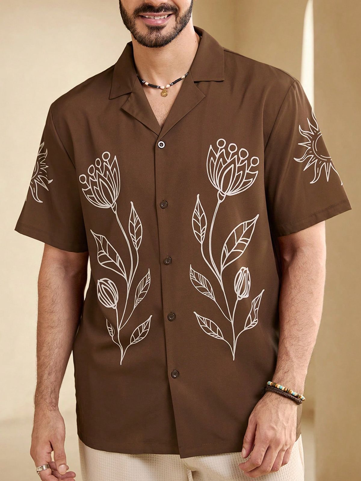 Men’s Short Sleeve Brown Casual Shirt – White Floral Outline Print