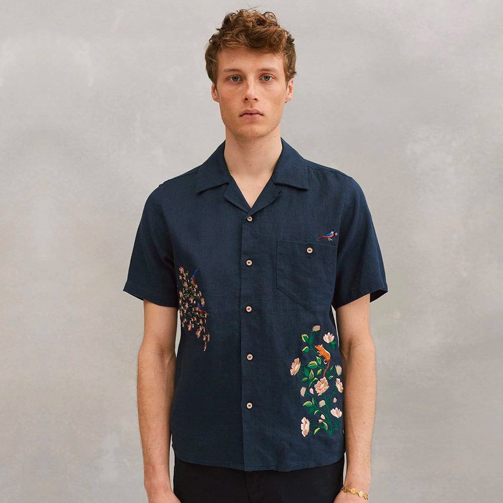 Men’s Short Sleeve Navy Blue Casual Shirt – Embroidered Floral & Bird Print