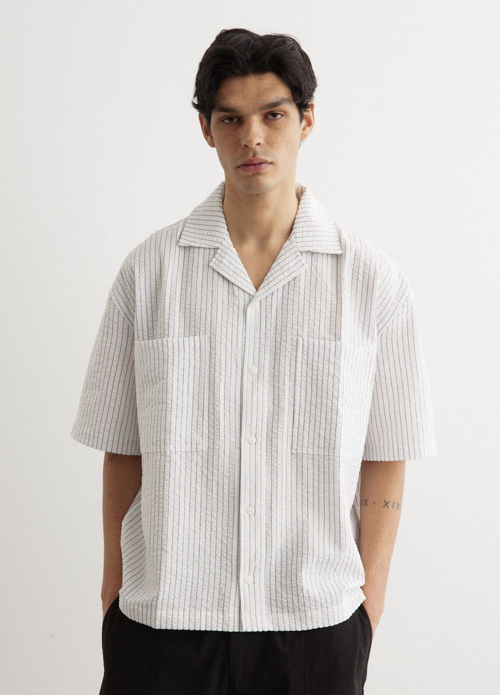 Men’s Short Sleeve Cotton Shirt – White with Fine Stripes