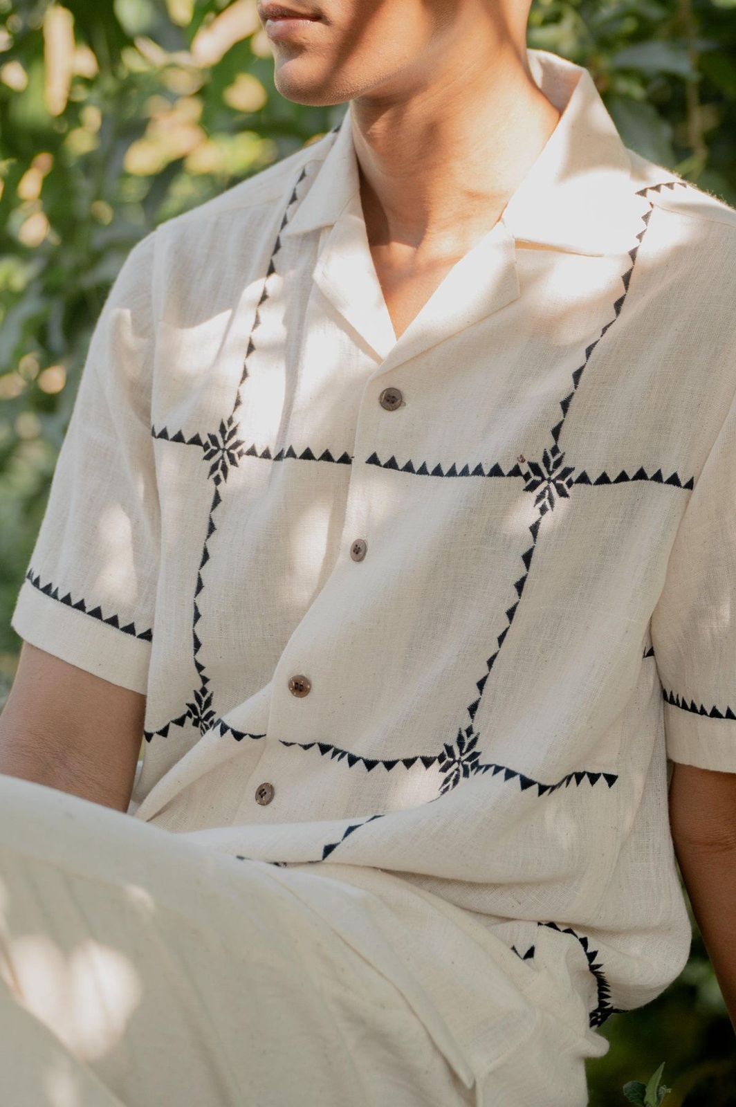 White Cotton Casual Shirt for Men – Geometric Embroidered Design