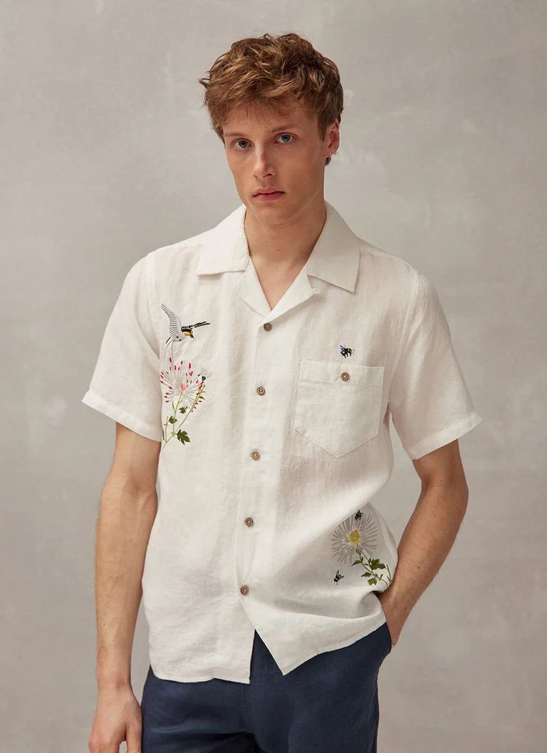 Men's White Cotton Embroidered Casual Shirt – Floral & Bird Design"
