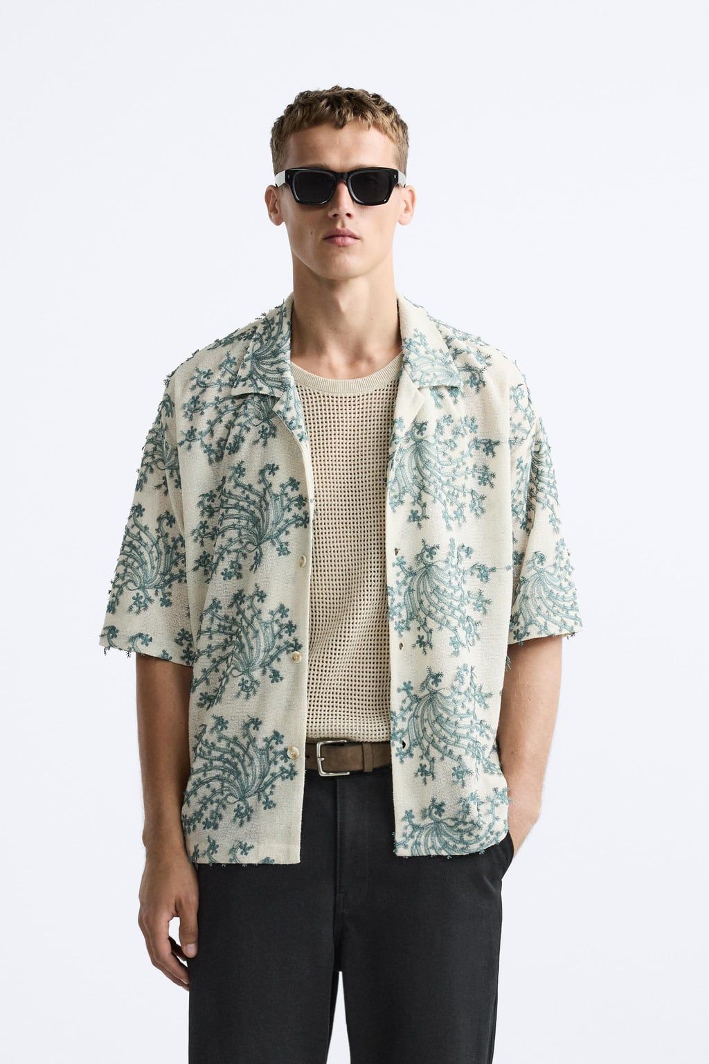 Men's Cream Cotton Casual Shirt – Textured Teal Embroidered Botanical Pattern