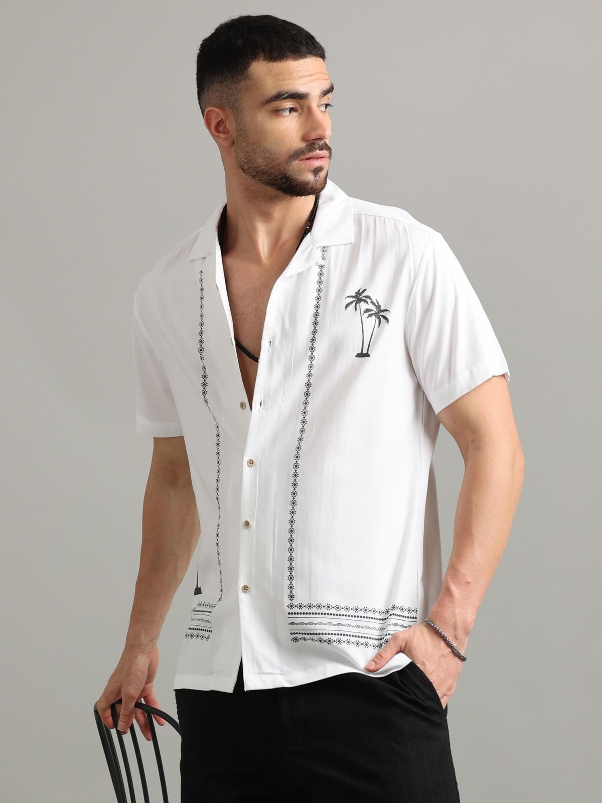 Men's Casual Cotton Shirt – White Short Sleeve with Black Palm Tree Embroidery & Geometric Detailing
