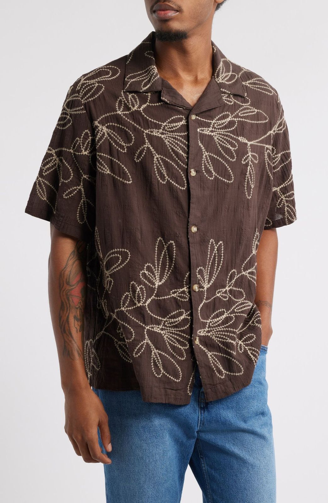 Men's Brown Cotton Casual Shirt – Beige Leaf Pattern Embroidered Design
