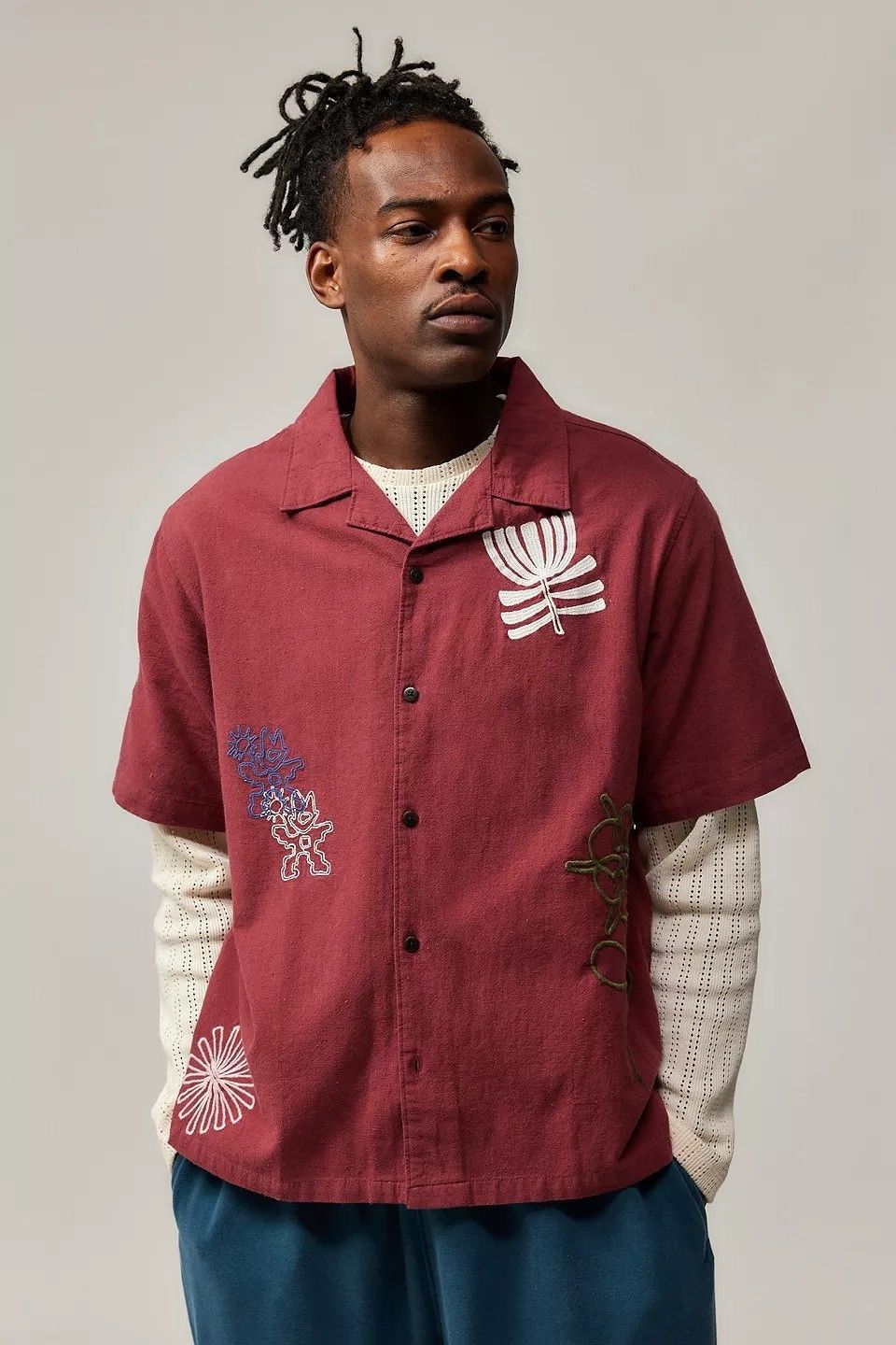 Men's Maroon Cotton Casual Shirt – Playful Embroidered Artistic Patchwork Design