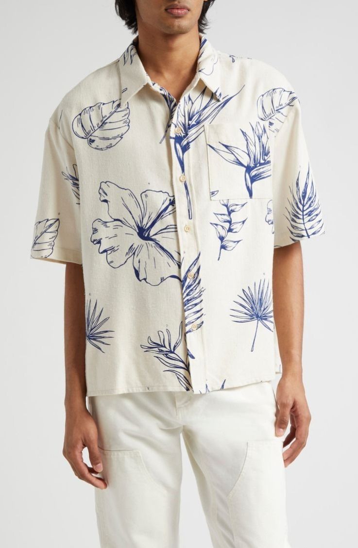Men's Off-White Cotton Casual Shirt – Tropical Blue Botanical Print