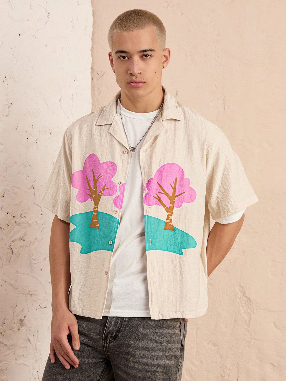 Men's Beige Cotton Casual Shirt – Playful Pink Tree Graphic Print