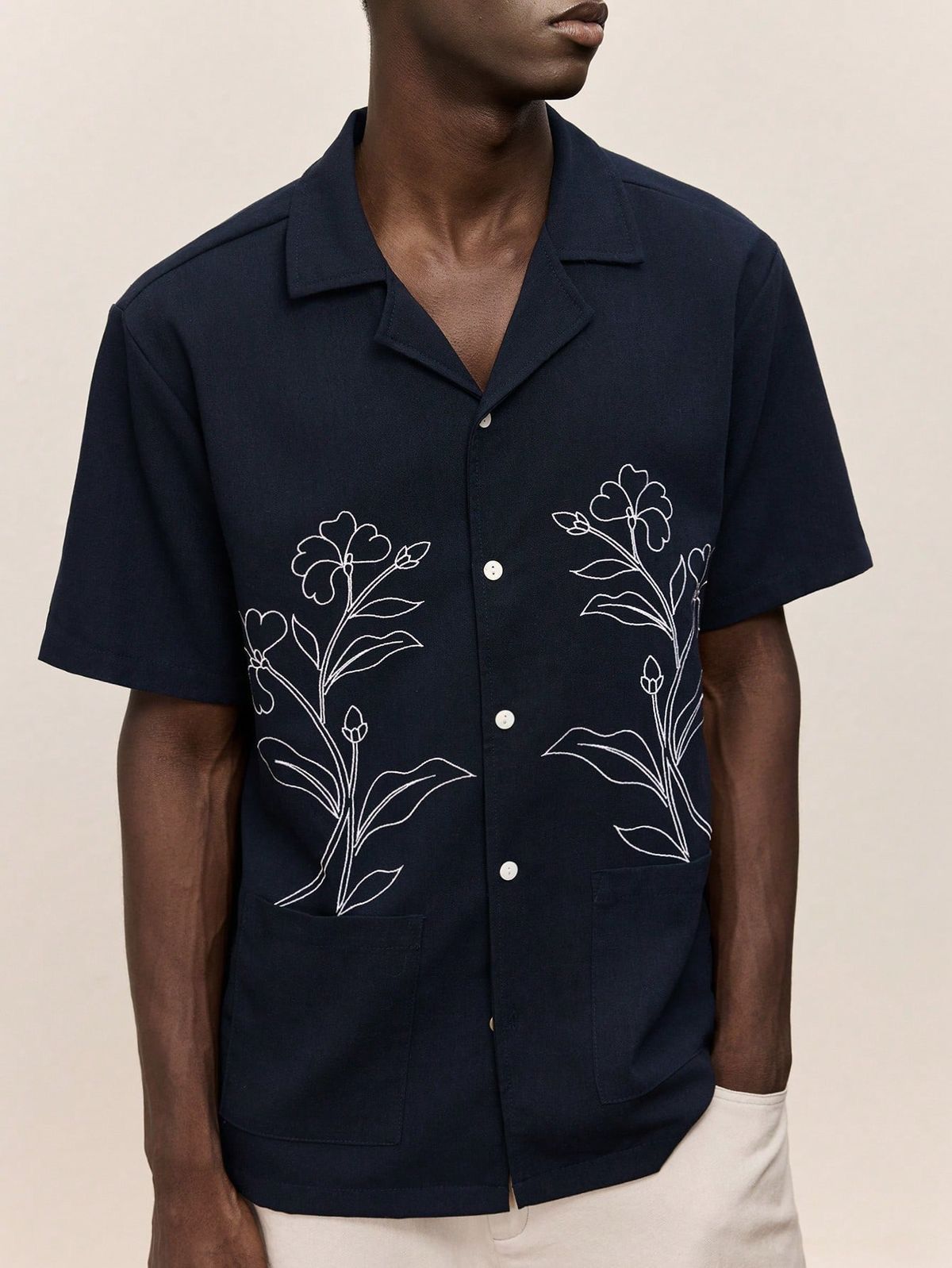 Men's Navy Cotton Casual Shirt – Minimalist Floral Embroidery