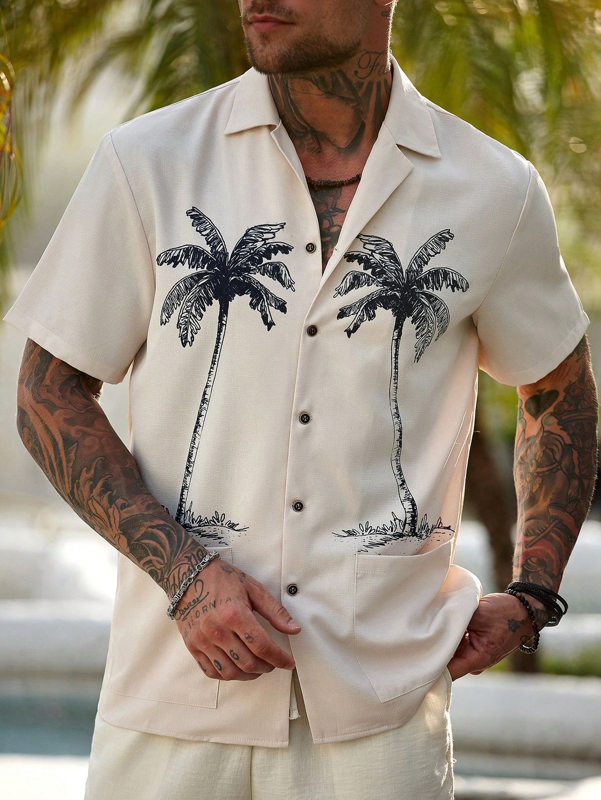 Men's Cream Cotton Casual Shirt – Vintage Palm Tree Print