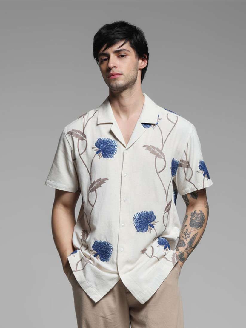 Men's Floral Embroidered Cotton Casual Shirt