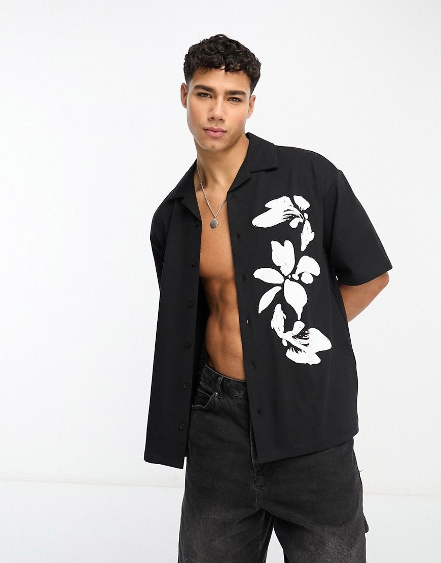 Men's Black Cotton Floral Print Shirt