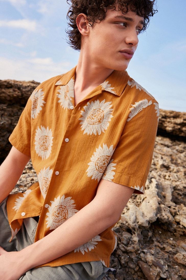 Men's Casual Cotton Shirt with Sunflower Print – Mustard Yellow Short Sleeve